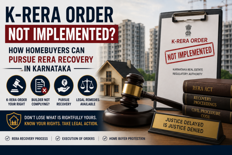 Legal documents and gavel for K-RERA order enforcement in Bangalore.