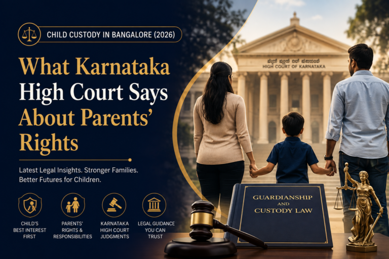 Family standing before Karnataka High Court building for child custody case.
